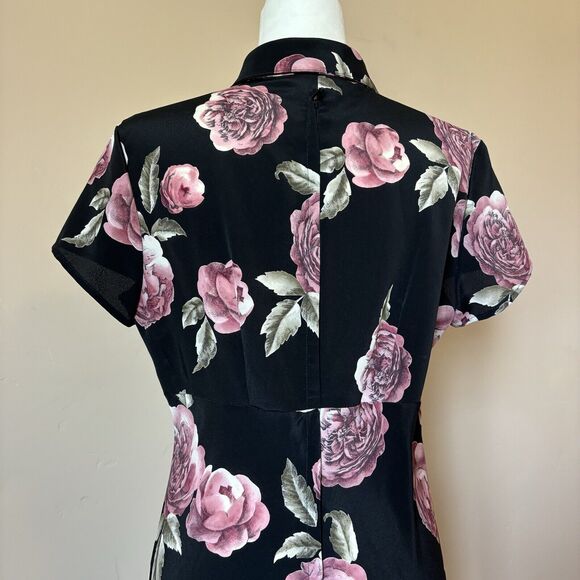 BYER TOO! Vintage 90s Black Floral Print Maxi Dress Empire Waist Key Hole Collar - Picture 5 of 11